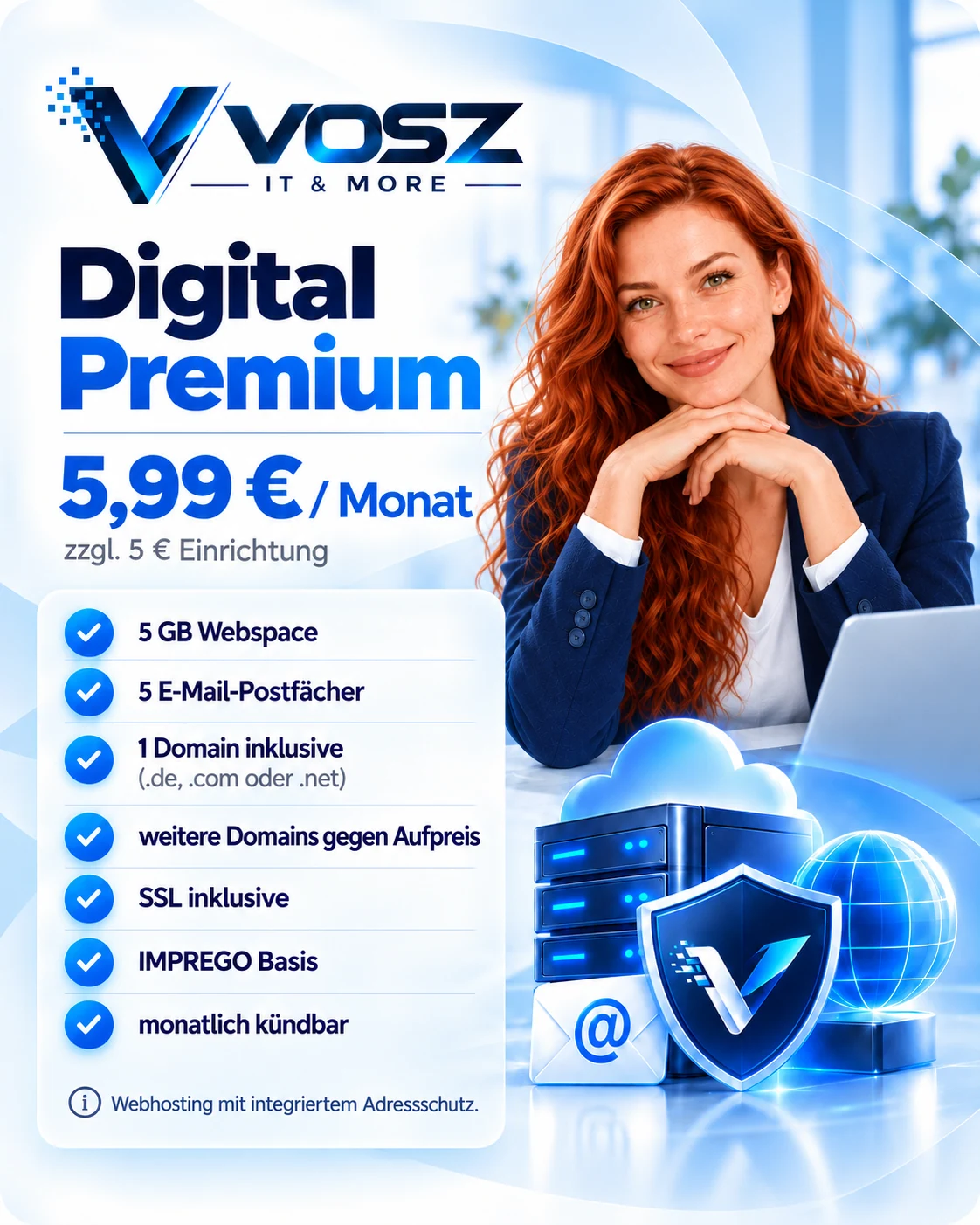 Digital Premium: 5,99 Euro pro Monat, 5 GB Webspace, 5 E-Mail-Postfächer und IMPREGO Basis